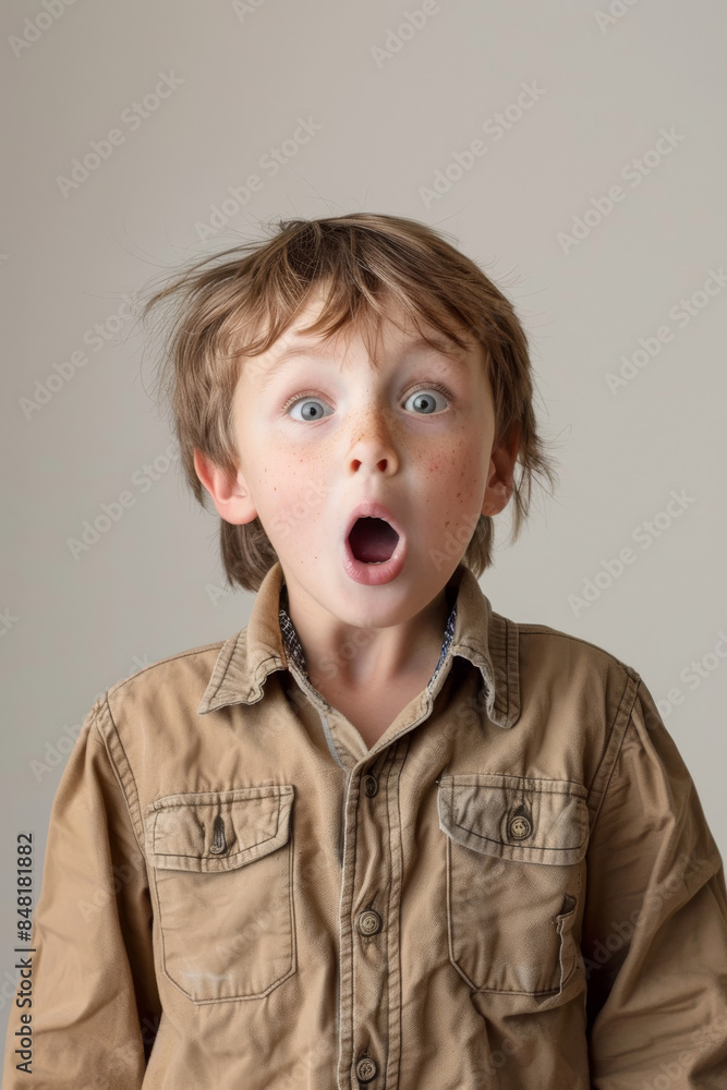 a Caucasian child surprised on a studio background a Caucasian child surprised on a studio background