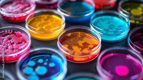 Vibrant petri dishes showcasing colorful bacterial colonies, creating a visually dynamic representation of microbial growth in a laboratory setting