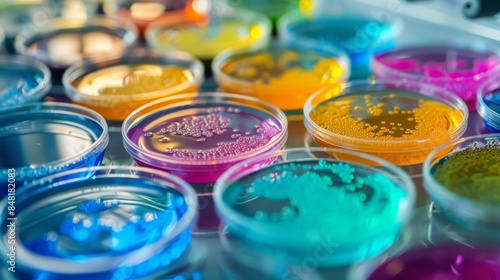 Vibrant petri dishes showcasing colorful bacterial colonies, creating a visually dynamic representation of microbial growth in a laboratory setting photo