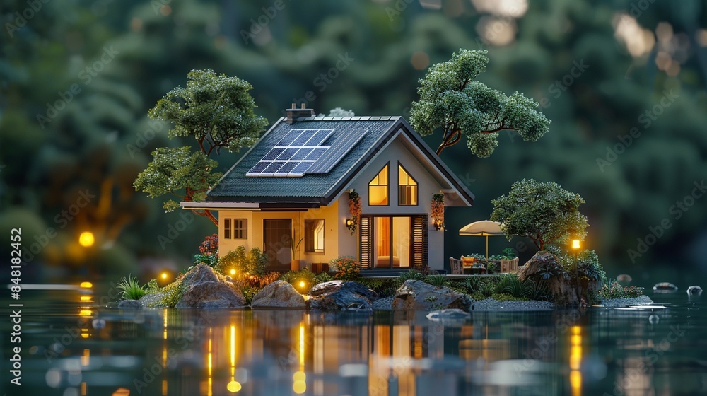 A small house with solar panels on the roof, situated near water and surrounded by trees A small house with solar panels on the roof, situated near water and surrounded by trees