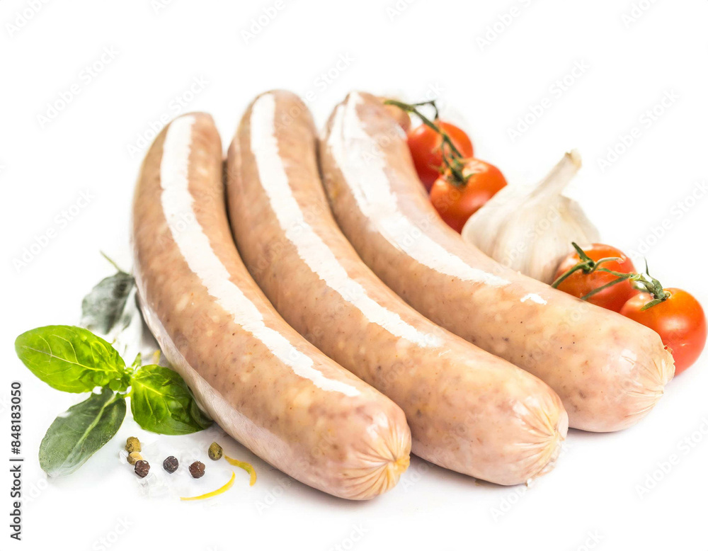 Rohe frische Bratwurst isoliert auf weißen Hintergrund, Freisteller Rohe frische Bratwurst isoliert auf weißen Hintergrund, Freisteller