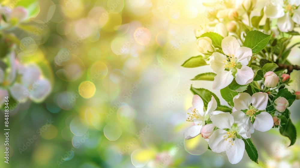 Branch of an apple tree with white flowers against a blurred background featuring green leaves and blossoms Branch of an apple tree with white flowers against a blurred background featuring green leaves and blossoms
