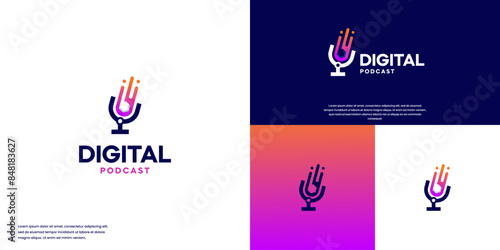 podcast logo with microphone and meteor, talks about the universe, galaxy, logo design concept.
