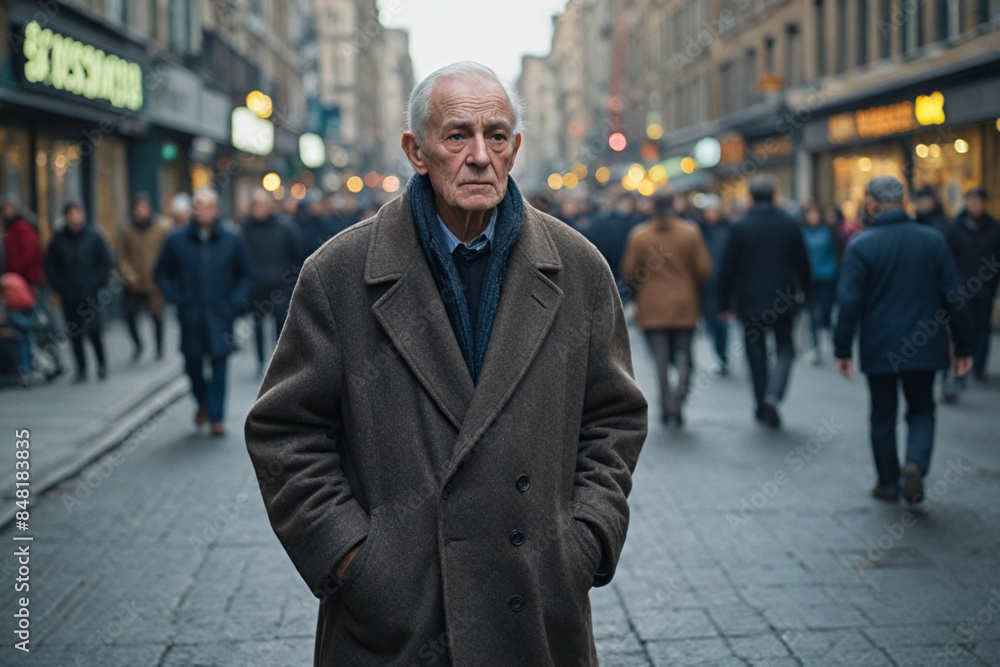 A sad old man, wearing a wool coat, standing on a crowded street, noir. A sad old man, wearing a wool coat, standing on a crowded street, noir.