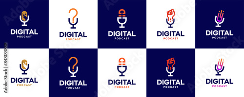 collection of podcast logos with minimalist themes, dialog, communication, ask, logo design template.