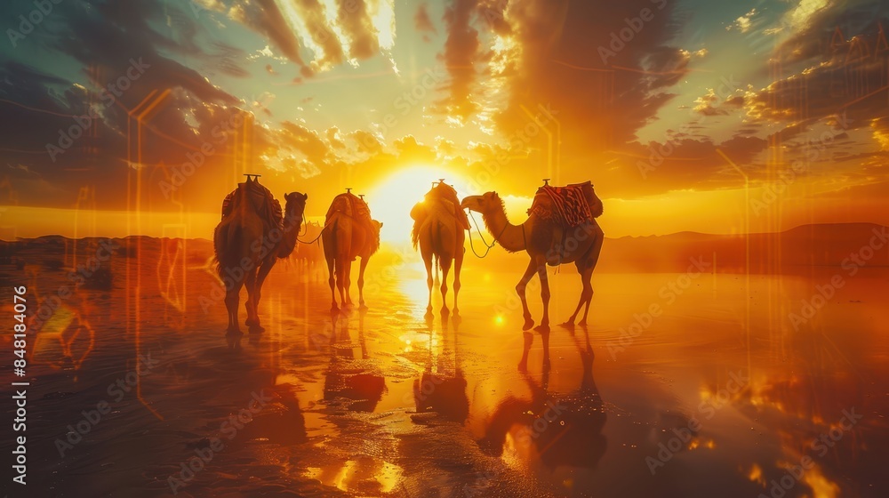 Fototapeta premium Sunset silhouette of a camel caravan trekking through a desert landscape, reflecting off the shimmering sand.