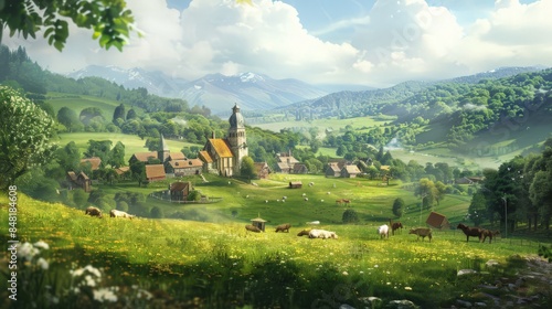 Imagine a peaceful countryside background with rolling hills, a quaint village, and grazing animals