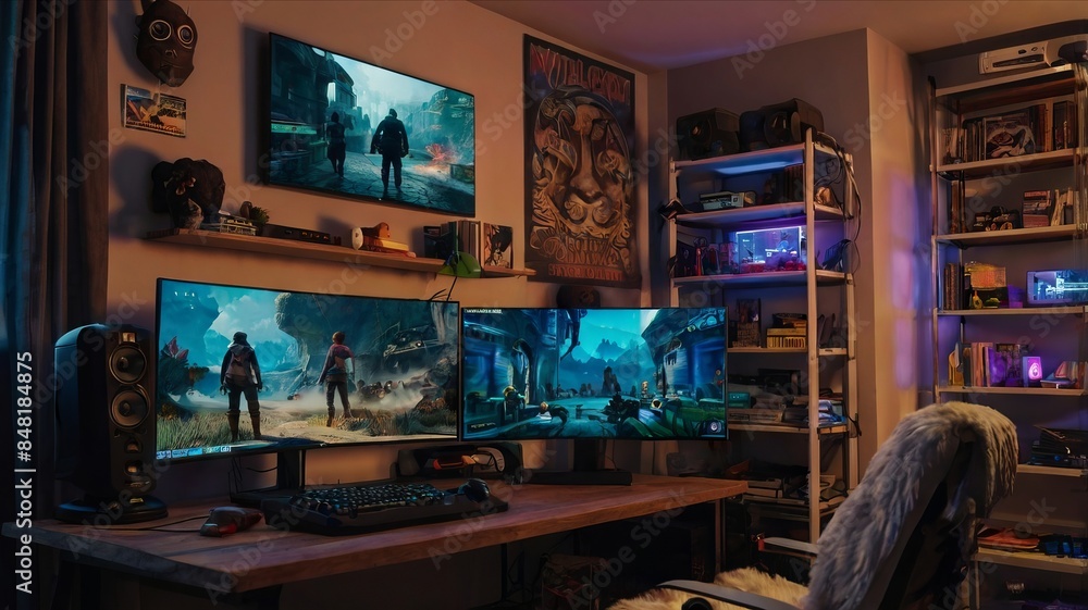 A cozy gaming setup in a bedroom, complete with gaming eqipment A cozy gaming setup in a bedroom, complete with gaming eqipment