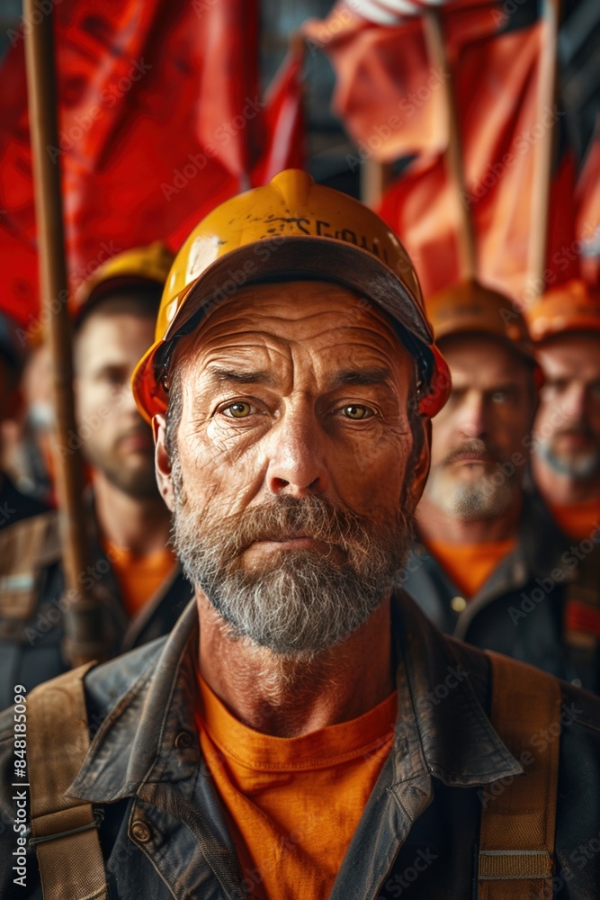 Group of construction workers with safety helmets and flags in the background, focused on the man at the front. Industrial setting. Group of construction workers with safety helmets and flags in the background, focused on the man at the front. Industrial setting.