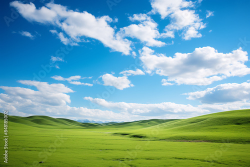 a green field with blue sky and clouds