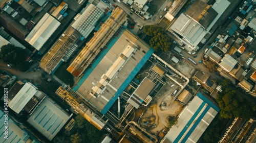 Aerial view of a sprawling industrial complex with large buildings