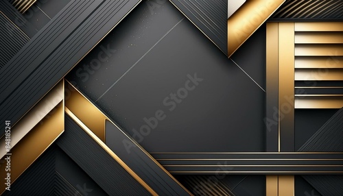 Abstract background with geometric lines in black, gray, gold colors. Shaped lines geometrion with copy space for text. Elegant geometric background. AI generative