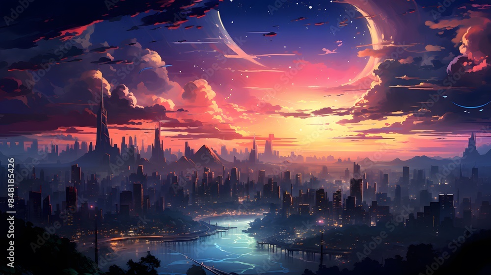 Majestic cityscape with skyscrapers illuminated against the twilight sky, vibrant colors blending into the horizon, creating a breathtaking urban skyline Majestic cityscape with skyscrapers illuminated against the twilight sky, vibrant colors blending into the horizon, creating a breathtaking urban skyline
