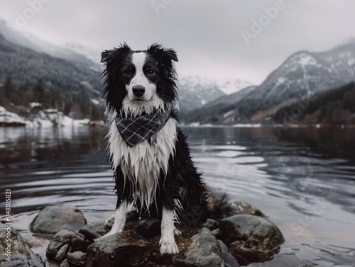 Border collie dog on the shore of a mountain lake. Artificial intelligence. 