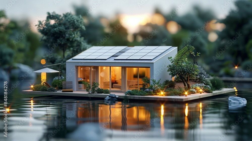 Fototapeta premium A small house with solar panels on the roof, situated near water and surrounded by trees