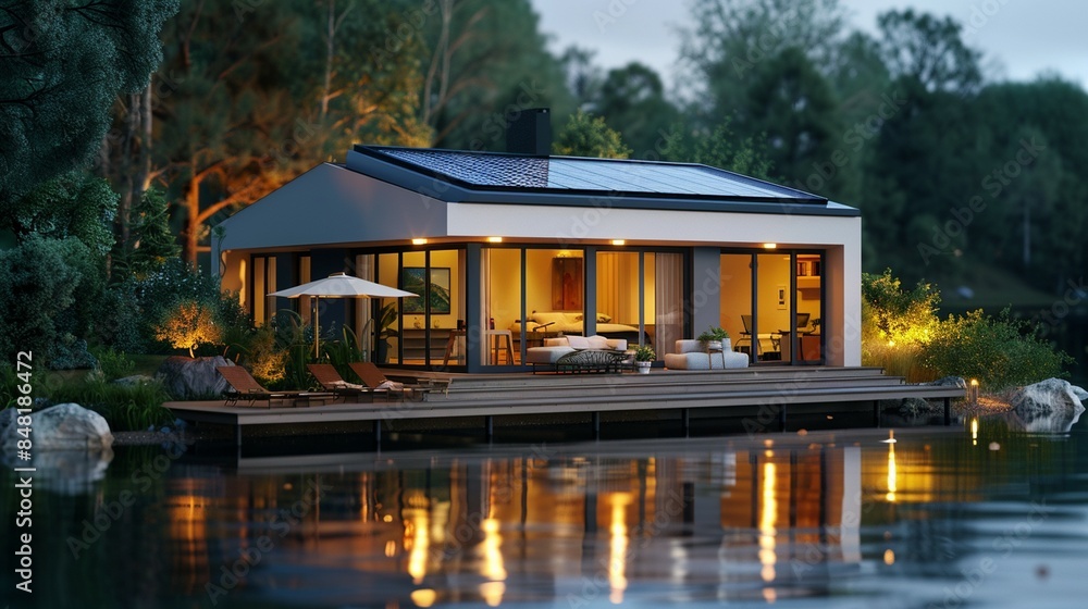 Fototapeta premium A small house with solar panels on the roof, situated near water and surrounded by trees