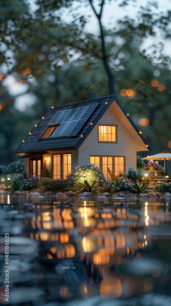 Fototapeta premium A small house with solar panels on the roof, situated near water and surrounded by trees