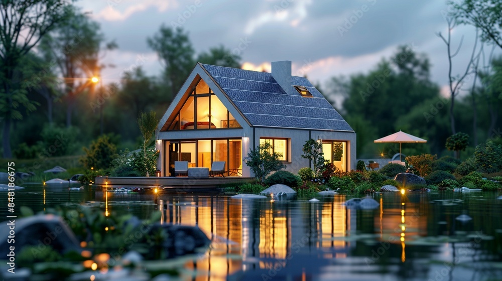 A small house with solar panels on the roof, situated near water and surrounded by trees A small house with solar panels on the roof, situated near water and surrounded by trees