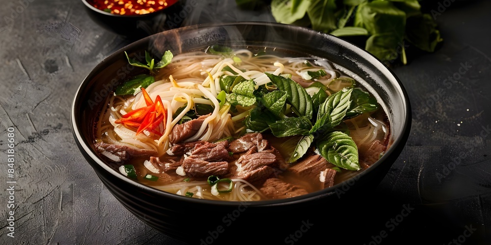 Aerial perspective of Vietnamese pho bowl with hot broth and beef. Concept Vietnamese Cuisine, Food Photography, Aerial Shot, Pho Bowl, Authentic Dining Aerial perspective of Vietnamese pho bowl with hot broth and beef. Concept Vietnamese Cuisine, Food Photography, Aerial Shot, Pho Bowl, Authentic Dining