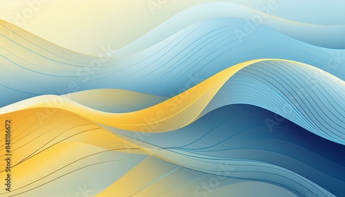 Abstract background with smooth waves in blue and yellow tones. Waved shaped lines transparent shade background. Elegant geometric banner background. AI generative