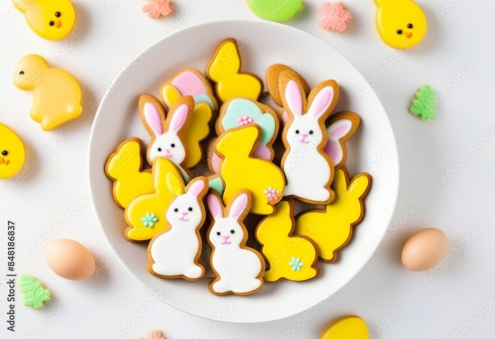 A close-up of Easter bunny-shaped cookies on a white background A close-up of Easter bunny-shaped cookies on a white background