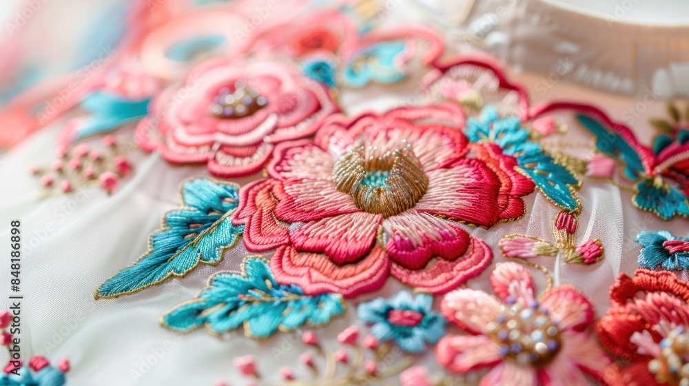 Obraz premium Capture the allure of artisanal craftsmanship with a captivating stock photo featuring an embroidered neckline design embellished with an exquisite needlework floral composition.
