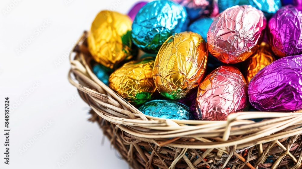 Colorful foil wrapped chocolate Easter eggs arranged in a basket captured in close up on a white background Colorful foil wrapped chocolate Easter eggs arranged in a basket captured in close up on a white background
