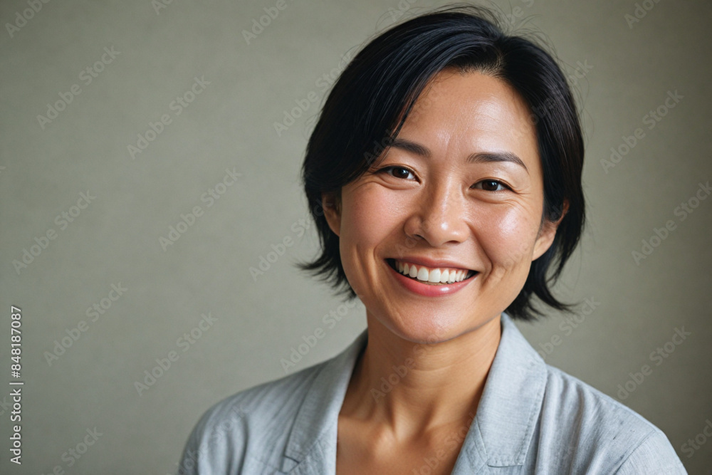 Fototapeta premium Portrait of a smiling asian woman with short dark hair in a light blue shirt against a neutral background.