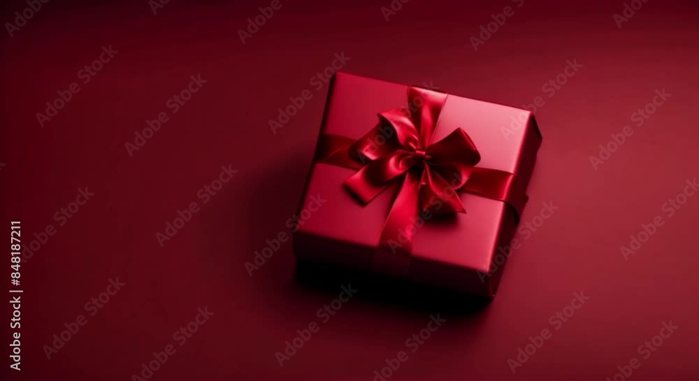 red gift box with satin ribbon and bow on red background top view red gift box with satin ribbon and bow on red background top view