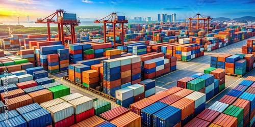 Cargo containers stacked in a busy port , shipping, transportation, logistics, freight, industry, containers