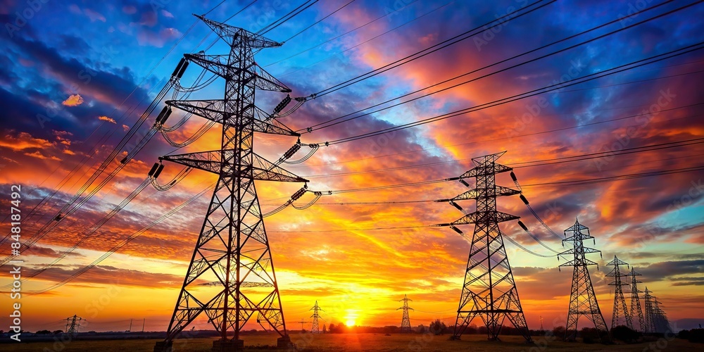 High voltage power lines on electric pylon against a beautiful sunset ...