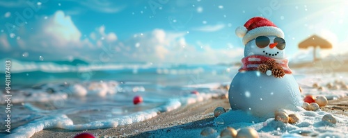 A snowman with sunglasses and Christmas hat on the beach, blue sky, banner format, high resolution, photorealistic, wide angle lens, sunny day, beach umbrella in background photo