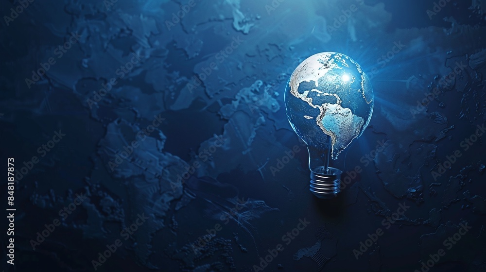 Obraz premium Abstract light bulb world map on dark blue background symbolizing global energy crisis. Concept Global Energy Crisis, Light Bulb, Abstract Design, World Map, Dark Blue Background
