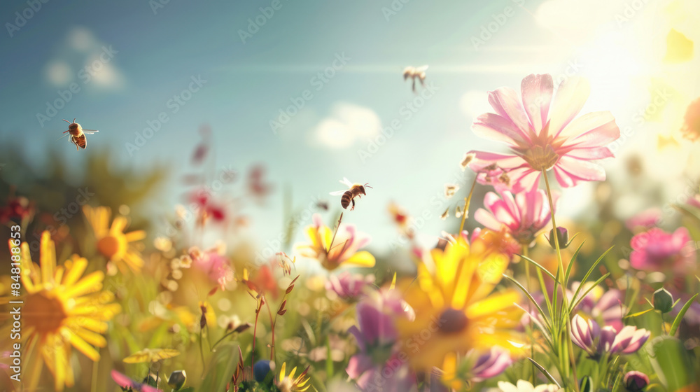 Bees pollinating flowers in a sunny grass field Bees pollinating flowers in a sunny grass field