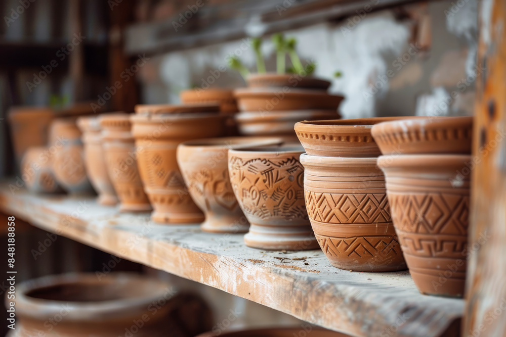A charming rustic setting with artisanal clay pots on a wooden shelf celebrates handcrafted pottery A charming rustic setting with artisanal clay pots on a wooden shelf celebrates handcrafted pottery