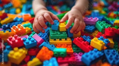 Playful Children's Hands Building Colorful Creations with Toy Blocks