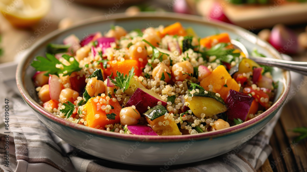 Bowl of quinoa salad with roasted vegetables and chickpeas Bowl of quinoa salad with roasted vegetables and chickpeas