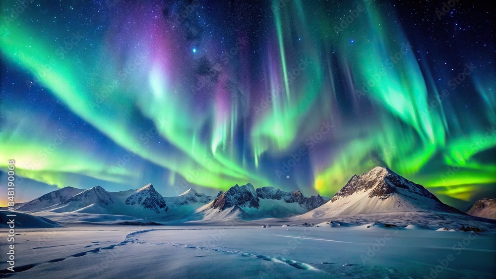 Northern Lights dancing over snowy mountains with a starry night sky ...