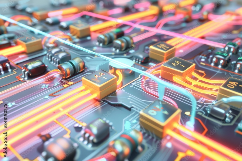 AI Circuit Board with Colorful Wires, Digital Connectivity, Modern Technology, Electronic Innovation, Tech Infrastructure