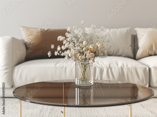 Modern living room features vase of flowers on glass table