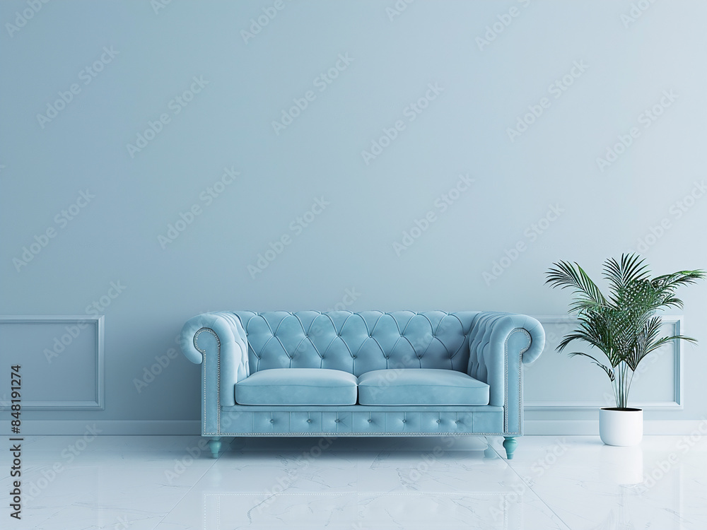Fototapeta premium A 3D render showcases a vintage blue room interior, featuring a blue sofa atop white flooring