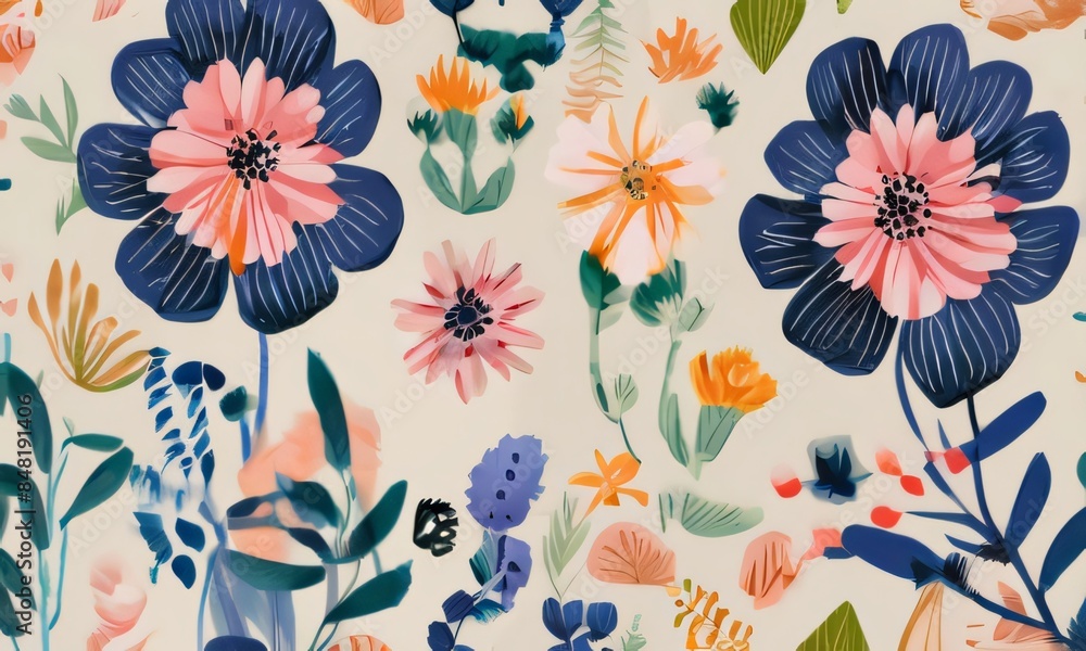 Simple design featuring a colorful pattern of hand-drawn gouache flowers Simple design featuring a colorful pattern of hand-drawn gouache flowers