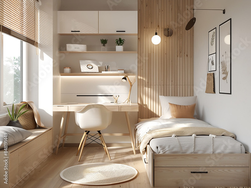 Create a cozy Scandinavian-inspired kid's room with a single bed and workspace