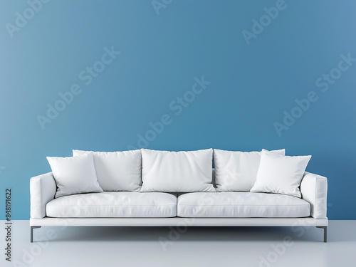 White leather sofa positioned before a serene blue wall adorned with plush cushions © Llama-World-studio