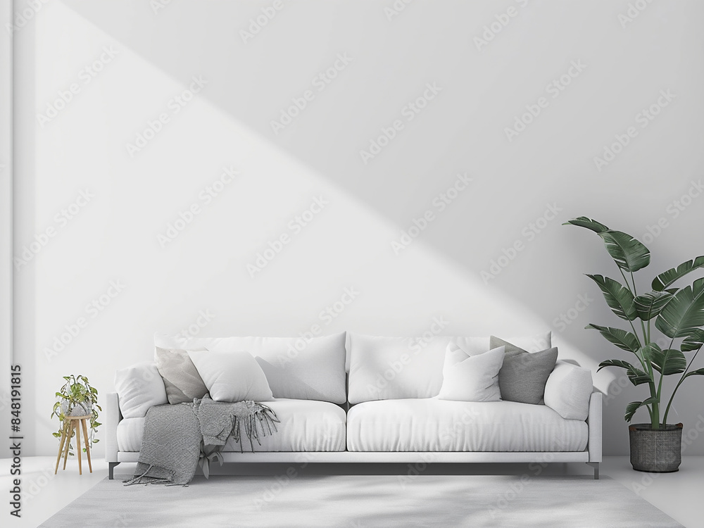 White sofa, gray pillows near empty wall in luxury home White sofa, gray pillows near empty wall in luxury home