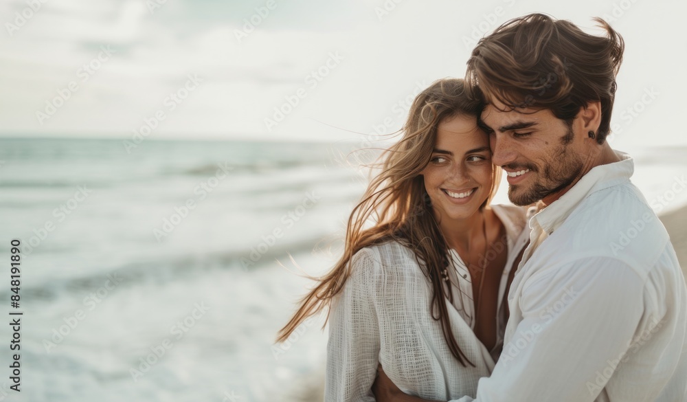 Obraz premium Portrait of a smiling beautiful young couple at the beach