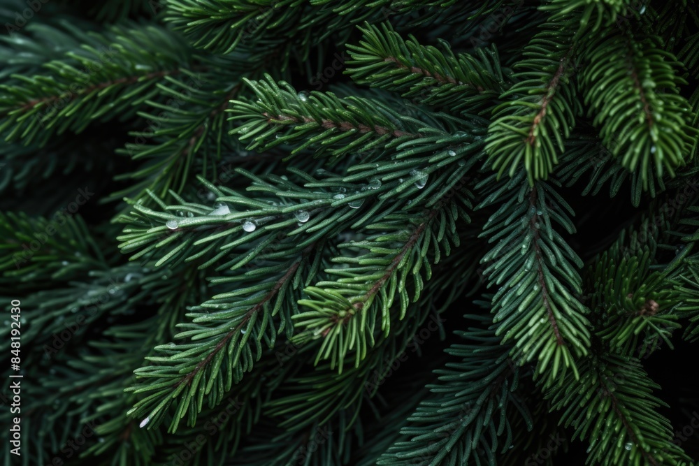 A detailed view of a pine tree's bark and needles, glistening with dew