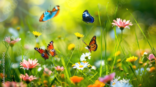 Butterflies flitting among the flowers in a grass field