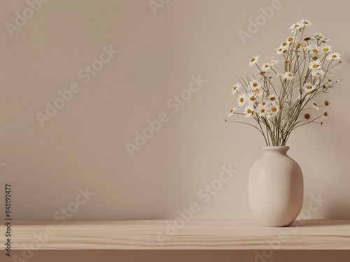 Modern Japandi-style interior showcases pottery vase with wildflowers on wooden table top