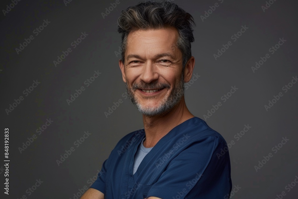 A smiling man wearing scrubs with his arms crossed, possibly in a medical setting A smiling man wearing scrubs with his arms crossed, possibly in a medical setting